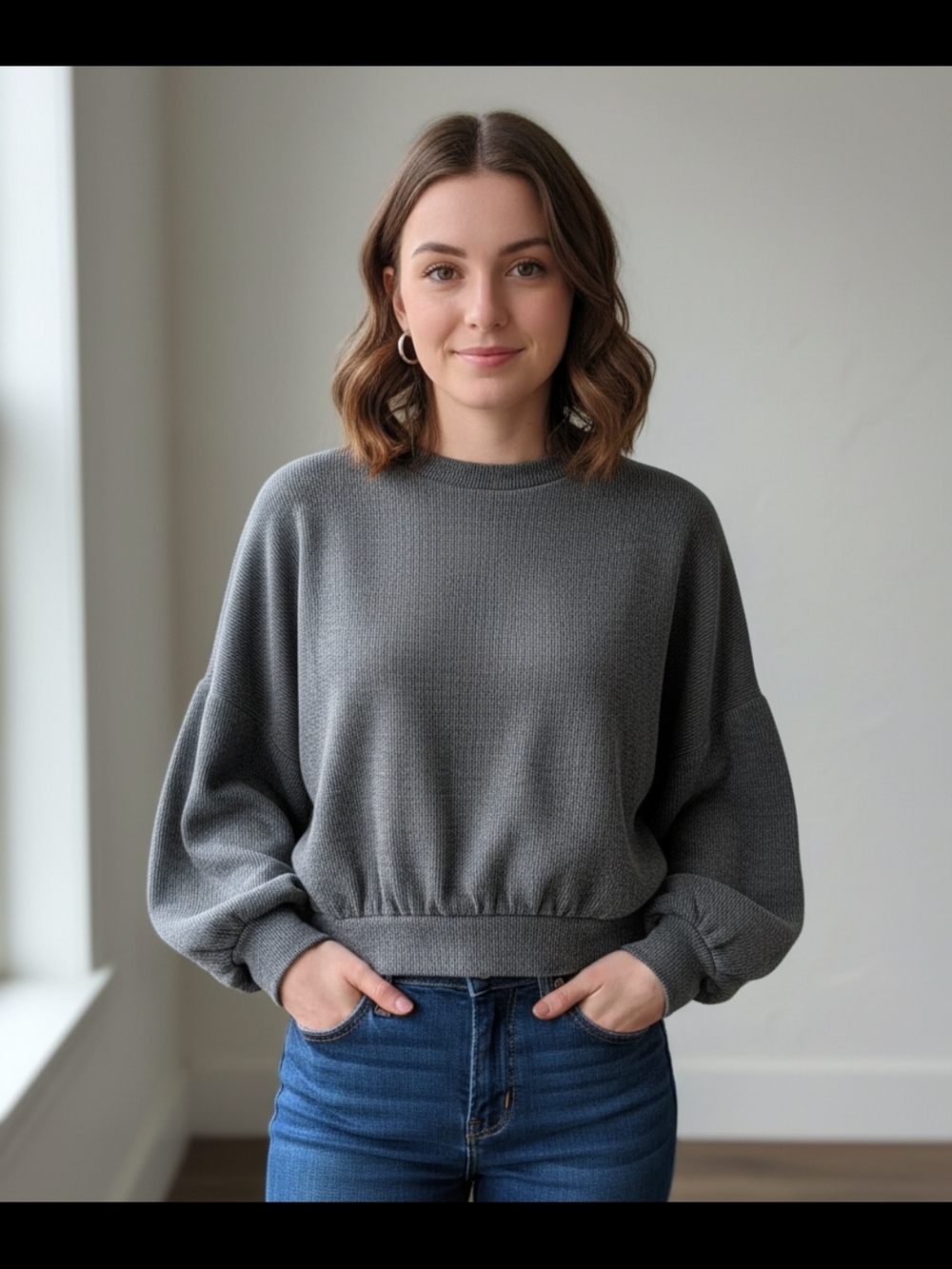 Pull&Bear Charcoal Gray Waffle-Knit Sweater